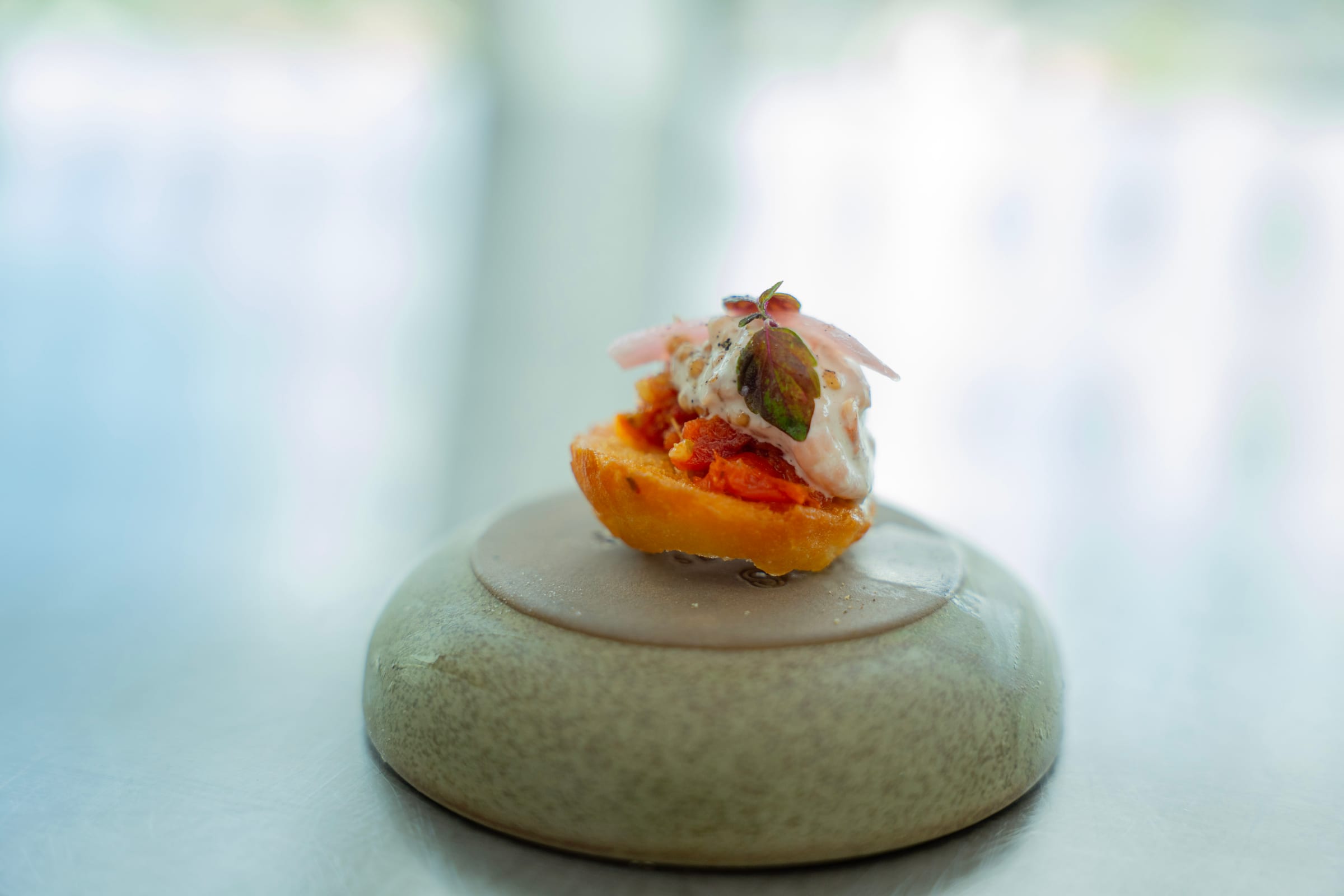 Bouchée sur un toast doré, garnie d’un tartare, d’une crème et d’oignon rose, servie sur une petite assiette en céramique vert sauge.